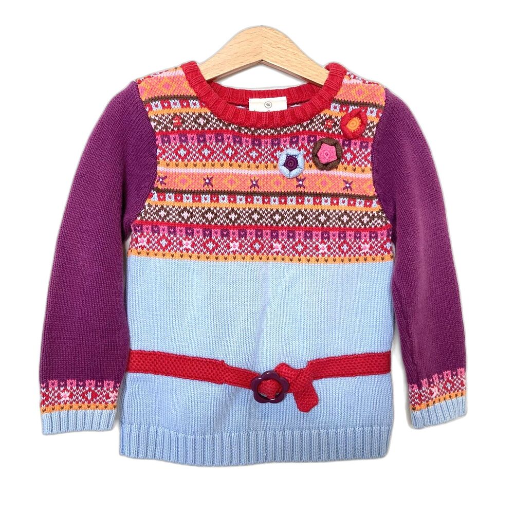 HANNA ANDERSSON Fair Isle 3D Floral Colorblock Sweater Size 90 Or US 3 Belted